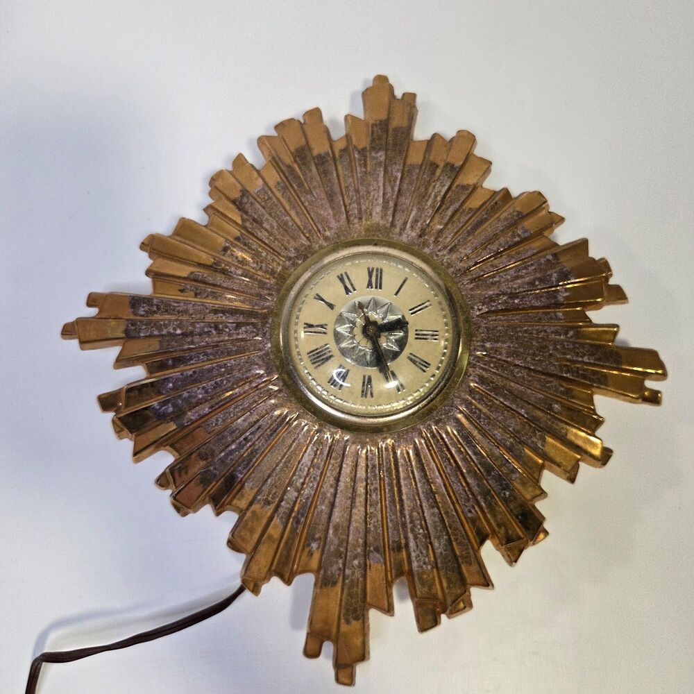 Vintage 1950s Lanshire Mid Century Sunburst Ceramic Electric Wall Clock - Runs